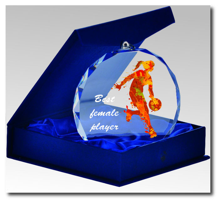 Glaspokale mit Gravur, Glastrophäen, Glasawards, 3D Foto Glasgravur, Pokale:  Glasmedaille M203-basketball