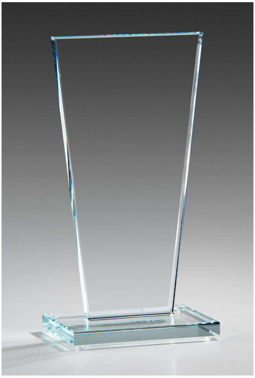 Glaspokale mit Gravur, Glastrophäen, Glasawards, 3D Foto Glasgravur, Pokale:  Glastrophe Trapez-klar