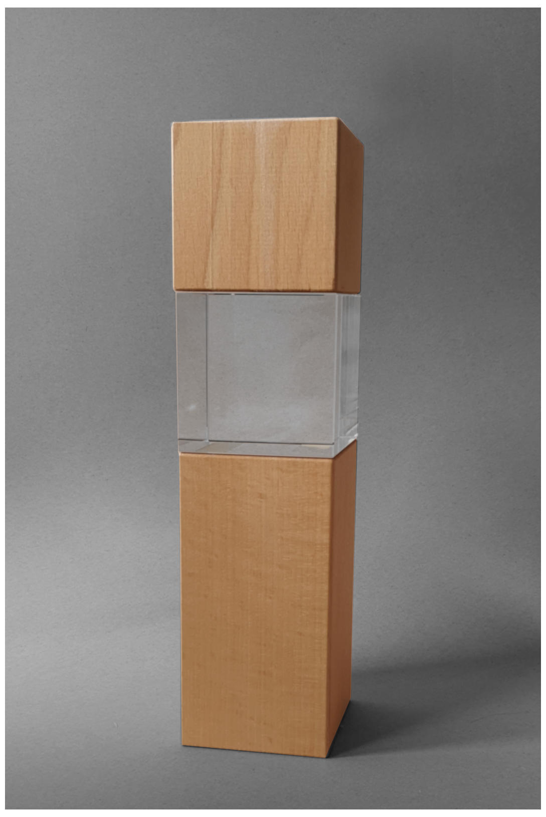 Glaspokale mit Gravur, Glastrophäen, Glasawards, 3D Foto Glasgravur, Pokale:  Holzaward Cubix-Buche