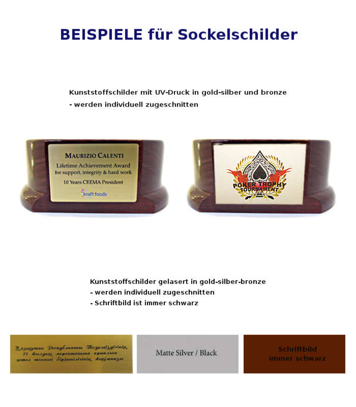 Beispiele für Sockelschilder aus Kunsststoff