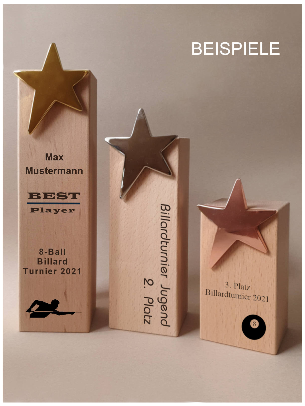 Glaspokale mit Gravur, Glastrophäen, Glasawards, 3D Foto Glasgravur, Pokale:  Holztrophe Antares