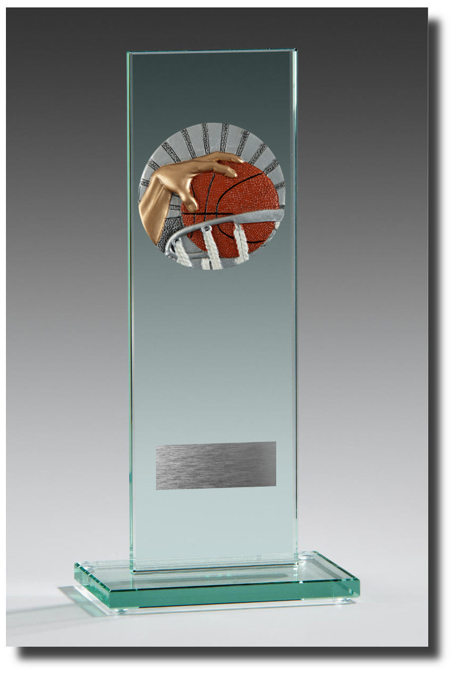 Glaspokale mit Gravur, Glastrophäen, Glasawards, 3D Foto Glasgravur, Pokale:  Glastroph�e Rechteck-green-Basketball