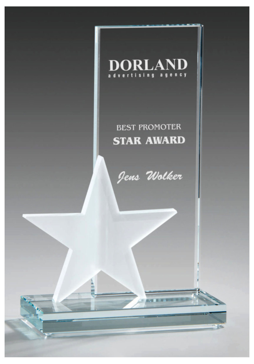 Glaspokale mit Gravur, Glastrophäen, Glasawards, 3D Foto Glasgravur, Pokale:  Glaspokal Star-Award