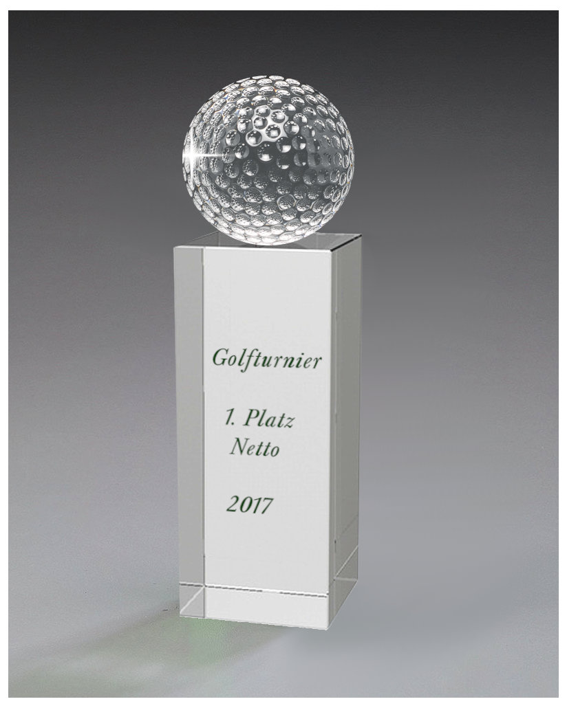 Glaspokale mit Gravur, Glastrophäen, Glasawards, 3D Foto Glasgravur, Pokale:  Glasquader-Golf