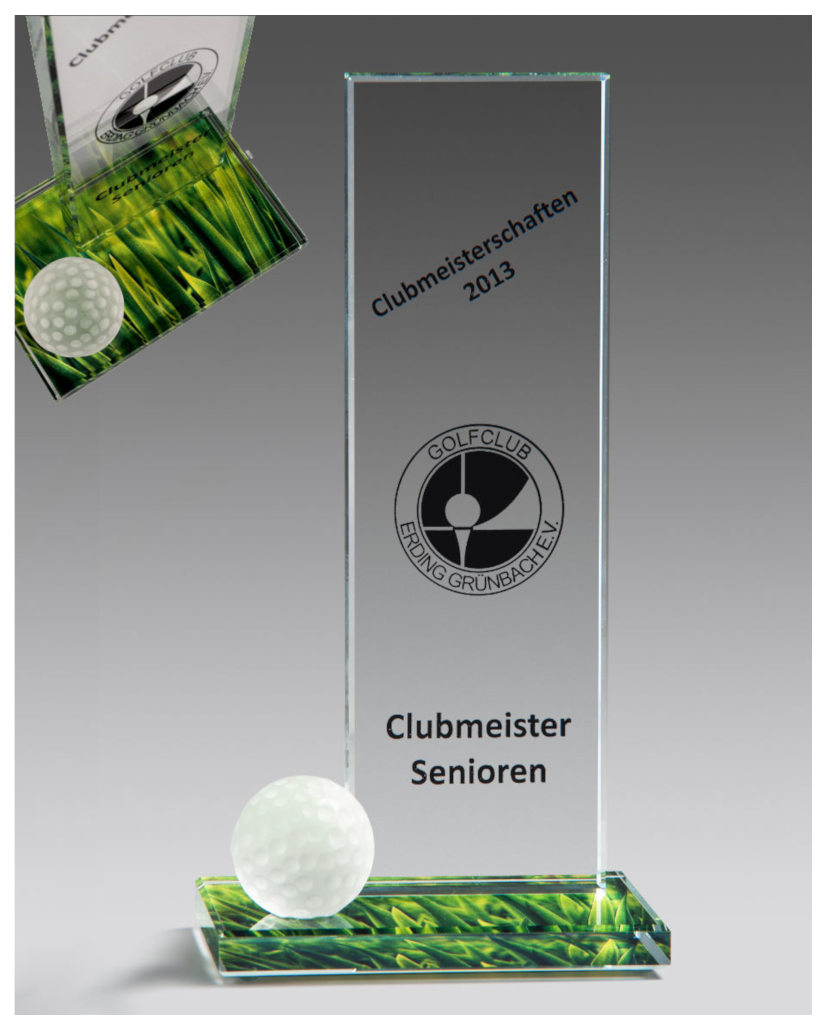 Glaspokale mit Gravur, Glastrophäen, Glasawards, 3D Foto Glasgravur, Pokale:  Golfpokal Golfaward-16