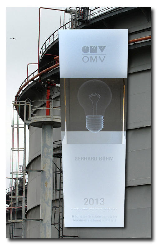 Glaspokale mit Gravur, Glastrophäen, Glasawards, 3D Foto Glasgravur, Pokale:  OMV-award