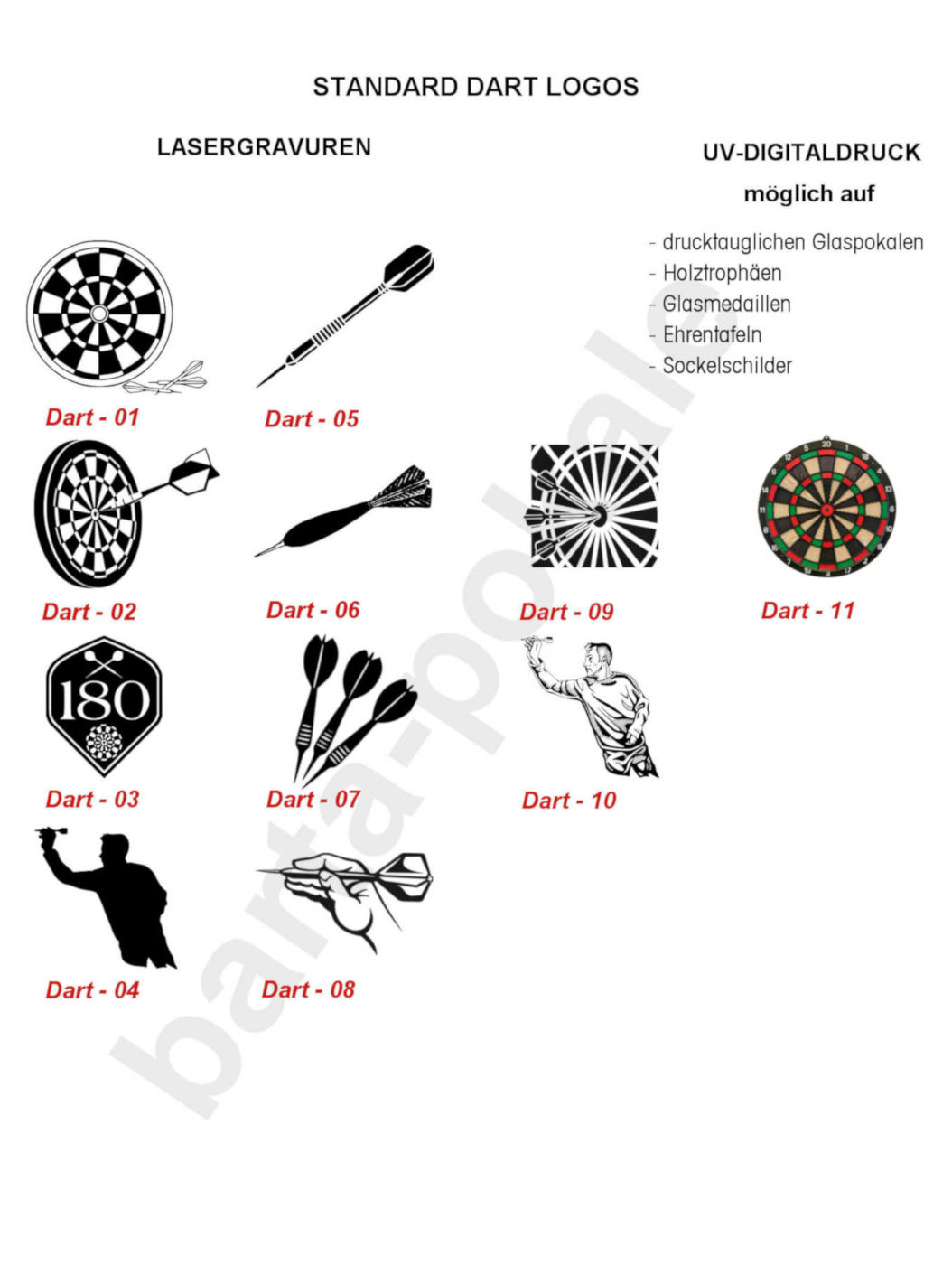 Glaspokale mit Gravur, Glastrophäen, Glasawards, 3D Foto Glasgravur, Pokale:  Logos Dart