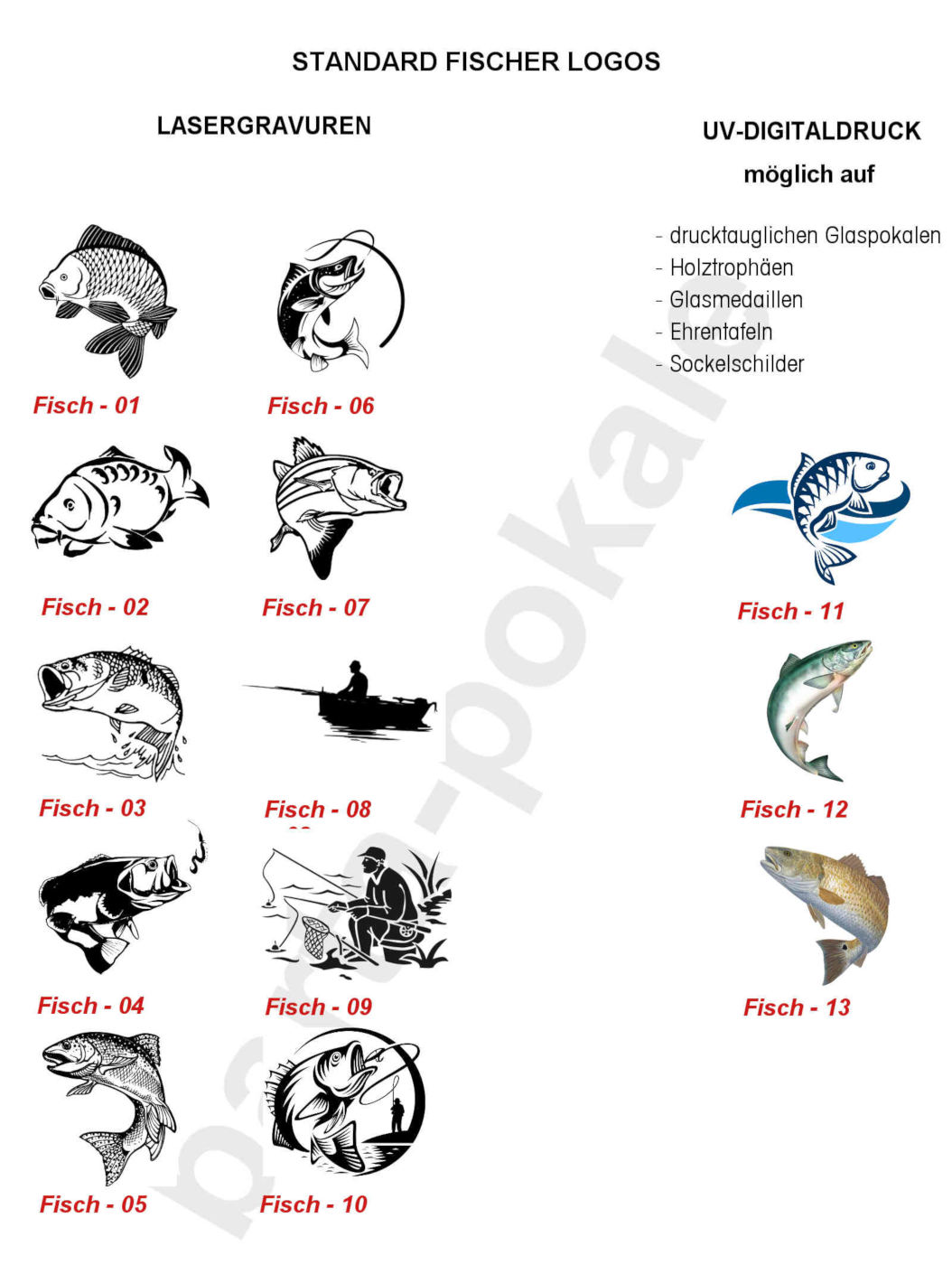 Glaspokale mit Gravur, Glastrophäen, Glasawards, 3D Foto Glasgravur, Pokale:  Logos Fischen