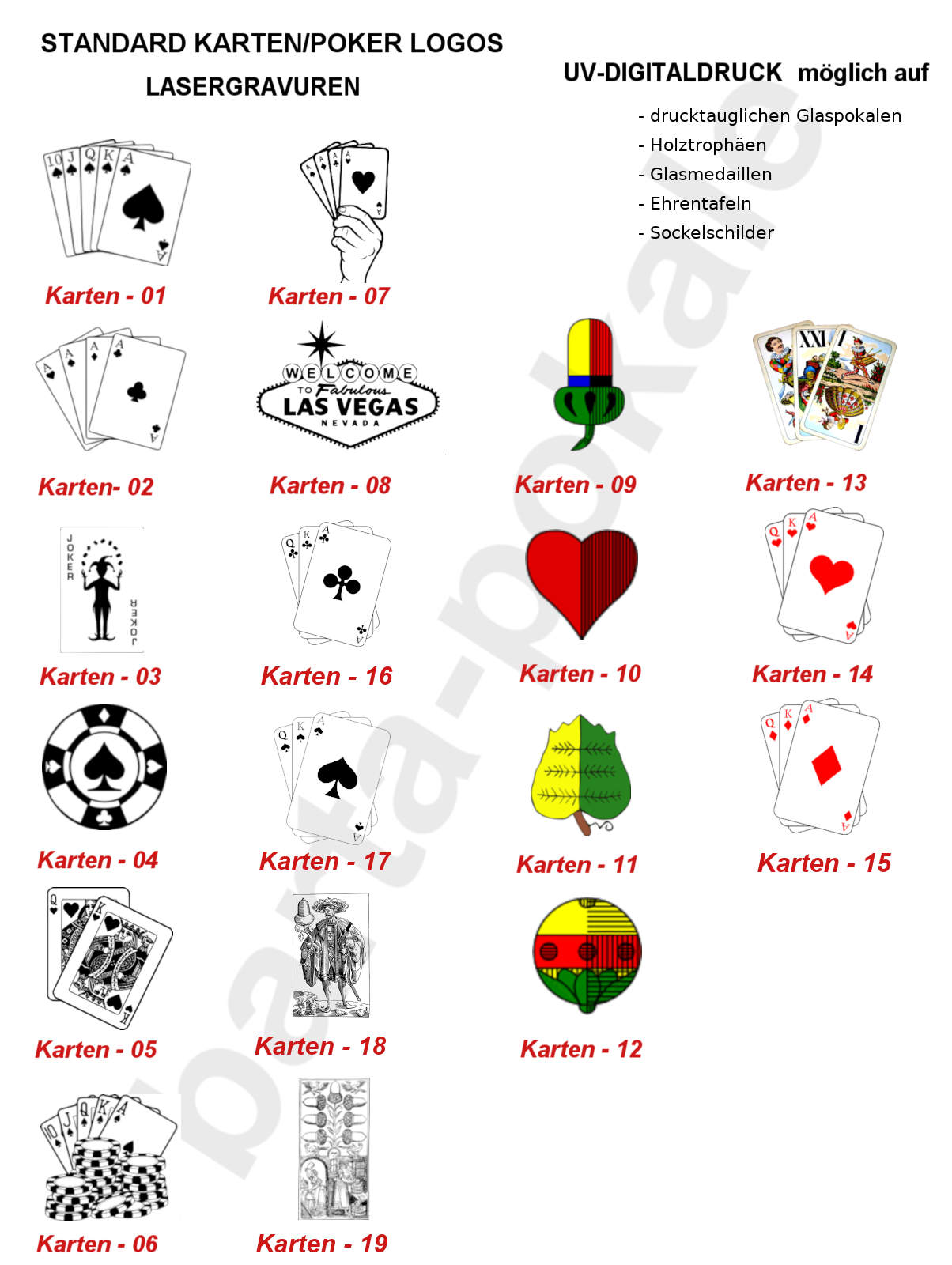 Glaspokale mit Gravur, Glastrophäen, Glasawards, 3D Foto Glasgravur, Pokale:  Logos Poker-Kartenspiel